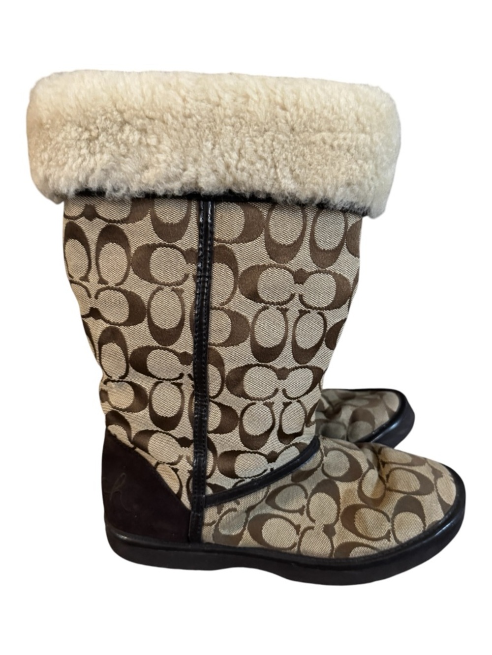 Coach Monogram Shearling-Trim Winter Boots in Brown and Cream